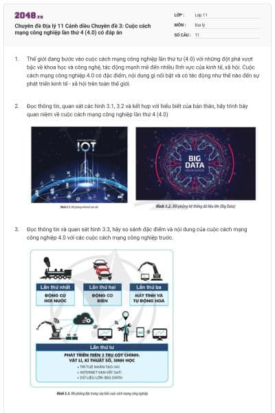 Chuyên đề Địa lý 11 Cánh diều Chuyên đề 3: Cuộc cách mạng công nghiệp lần thứ 4 (4.0) có đáp án