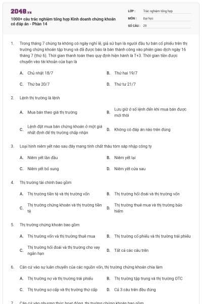 1000+ câu trắc nghiệm tổng hợp Kinh doanh chứng khoán có đáp án - Phần 14
