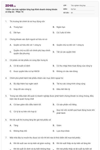 1000+ câu trắc nghiệm tổng hợp Kinh doanh chứng khoán có đáp án - Phần 16