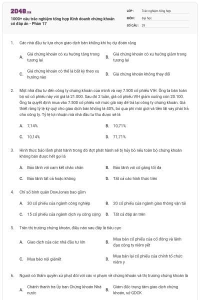 1000+ câu trắc nghiệm tổng hợp Kinh doanh chứng khoán có đáp án - Phần 17