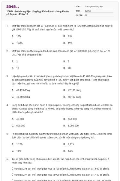 1000+ câu trắc nghiệm tổng hợp Kinh doanh chứng khoán có đáp án - Phần 18