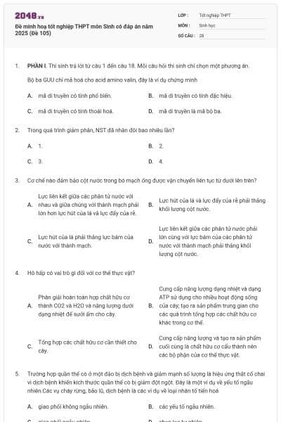 Đề minh hoạ tốt nghiệp THPT môn Sinh có đáp án năm 2025 (Đề 105)