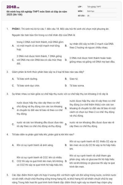 Đề minh hoạ tốt nghiệp THPT môn Sinh có đáp án năm 2025 (Đề 106)