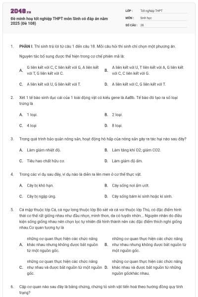 Đề minh hoạ tốt nghiệp THPT môn Sinh có đáp án năm 2025 (Đề 108)
