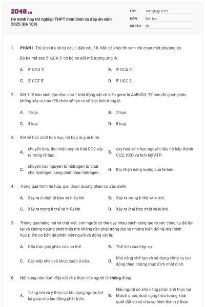 Đề minh hoạ tốt nghiệp THPT môn Sinh có đáp án năm 2025 (Đề 109)