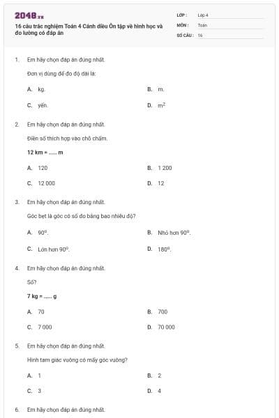 16 câu trắc nghiệm Toán 4 Cánh diều Ôn tập về hình học và đo lường có đáp án