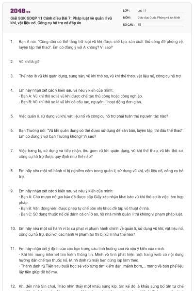 Giải SGK GDQP 11 Cánh diều Bài 7: Pháp luật về quản lí vũ khí, vật liệu nổ, Công cụ hỗ trợ có đáp án