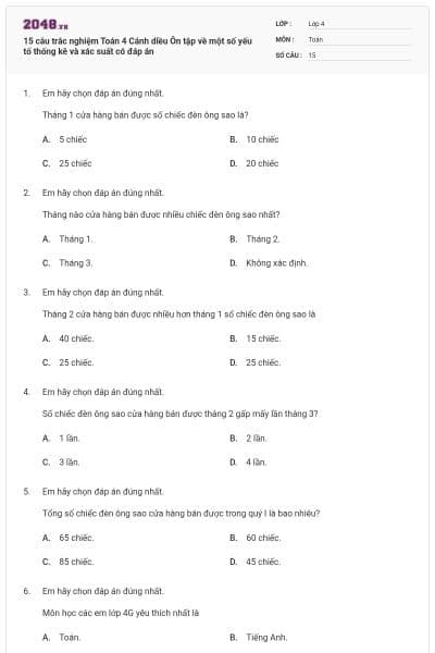 15 câu trắc nghiệm Toán 4 Cánh diều Ôn tập về một số yếu tố thống kê và xác suất có đáp án