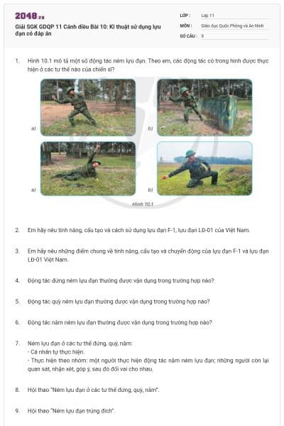 Giải SGK GDQP 11 Cánh diều Bài 10: Kĩ thuật sử dụng lựu đạn có đáp án