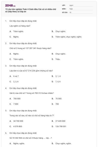 15 câu trắc nghiệm Toán 4 Cánh diều Các số có nhiều chữ số (tiếp theo) có đáp án