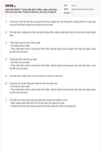 Giải SGK GDQP 11 Cánh diều Bài 9: Nhìn, nghe, phát hiện địch, chỉ mục tiêu, Truyền tin liên lạc, báo cáo có đáp án