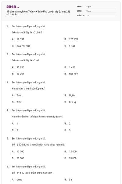 15 câu trắc nghiệm Toán 4 Cánh diều Luyện tập (trang 28) có đáp án