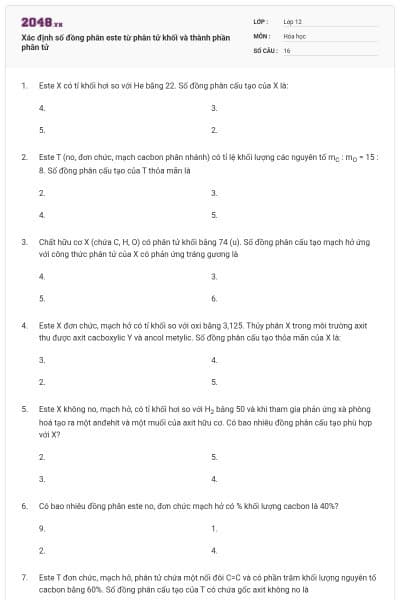 Xác định số đồng phân este từ phân tử khối và thành phần phân tử