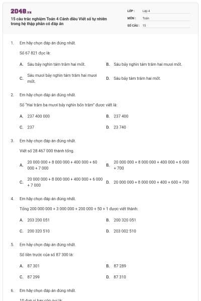 15 câu trắc nghiệm Toán 4 Cánh diều Viết số tự nhiên trong hệ thập phân có đáp án