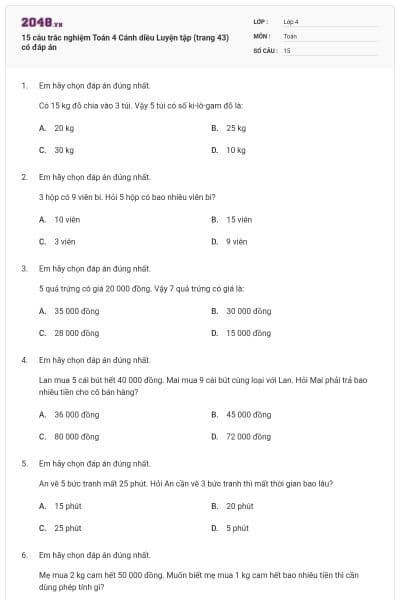 15 câu trắc nghiệm Toán 4 Cánh diều Luyện tập (trang 43) có đáp án
