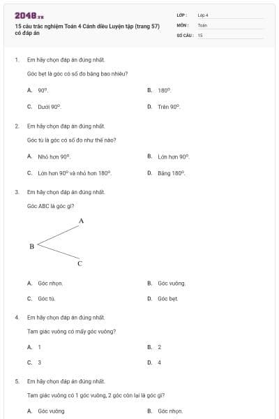 15 câu trắc nghiệm Toán 4 Cánh diều Luyện tập (trang 57) có đáp án