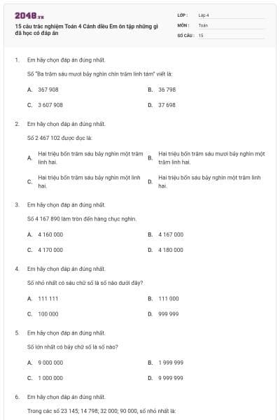 15 câu trắc nghiệm Toán 4 Cánh diều Em ôn tập những gì đã học có đáp án