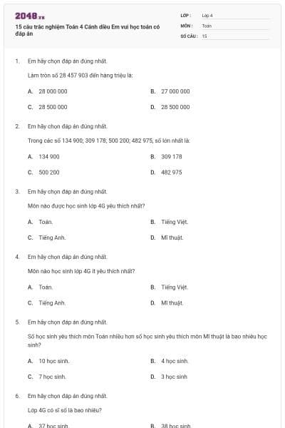 15 câu trắc nghiệm Toán 4 Cánh diều Em vui học toán có đáp án