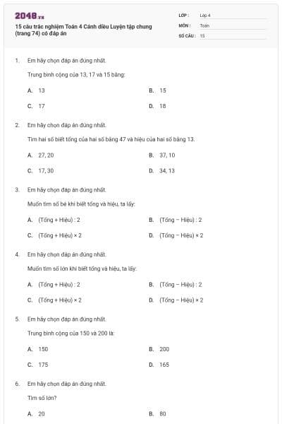 15 câu trắc nghiệm Toán 4 Cánh diều Luyện tập chung (trang 74) có đáp án