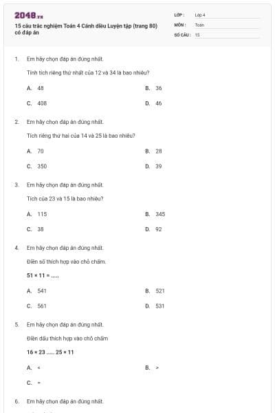15 câu trắc nghiệm Toán 4 Cánh diều Luyện tập (trang 80) có đáp án