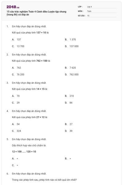 15 câu trắc nghiệm Toán 4 Cánh diều Luyện tập chung (trang 86) có đáp án