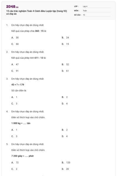 15 câu trắc nghiệm Toán 4 Cánh diều Luyện tập (trang 93) có đáp án