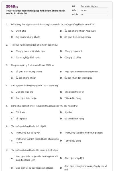 1000+ câu trắc nghiệm tổng hợp Kinh doanh chứng khoán có đáp án - Phần 20