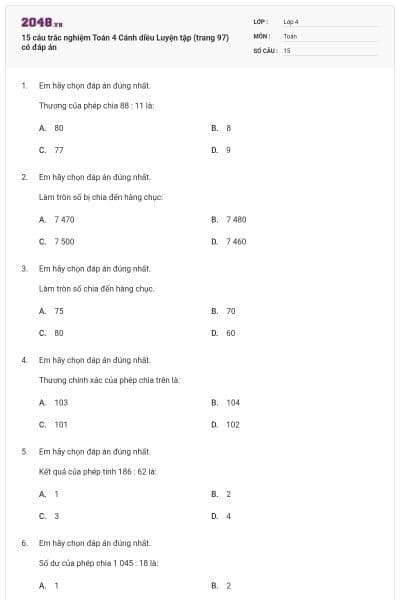 15 câu trắc nghiệm Toán 4 Cánh diều Luyện tập (trang 97) có đáp án