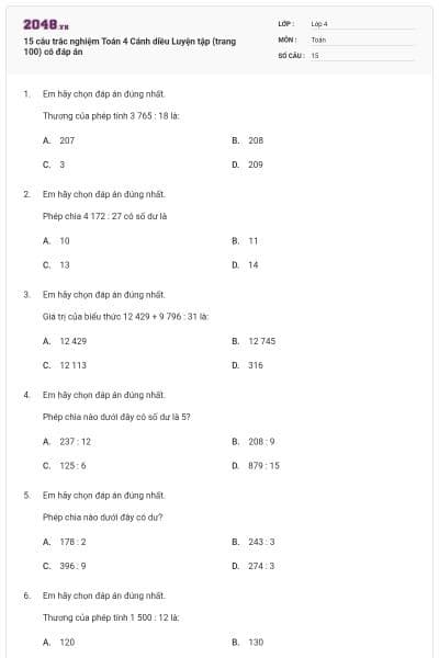 15 câu trắc nghiệm Toán 4 Cánh diều Luyện tập (trang 100) có đáp án