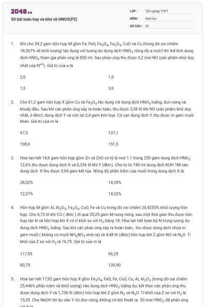 50 bài toán hay và khó về HNO3(P2)