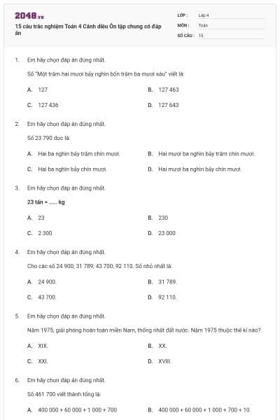 15 câu trắc nghiệm Toán 4 Cánh diều Ôn tập chung có đáp án