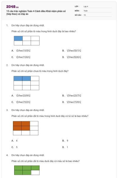15 câu trắc nghiệm Toán 4 Cánh diều Khái niệm phân số (tiếp theo) có đáp án