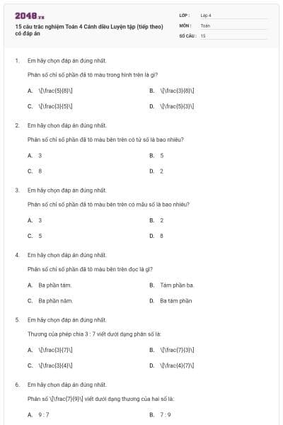 15 câu trắc nghiệm Toán 4 Cánh diều Luyện tập (tiếp theo) có đáp án
