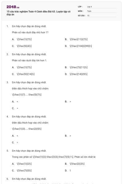 15 câu trắc nghiệm Toán 4 Cánh diều Bài 63. Luyện tập có đáp án