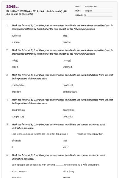 Đề thi thử THPTQG năm 2019 chuẩn cấu trúc của bộ giáo dục có đáp án (Đề số 22)