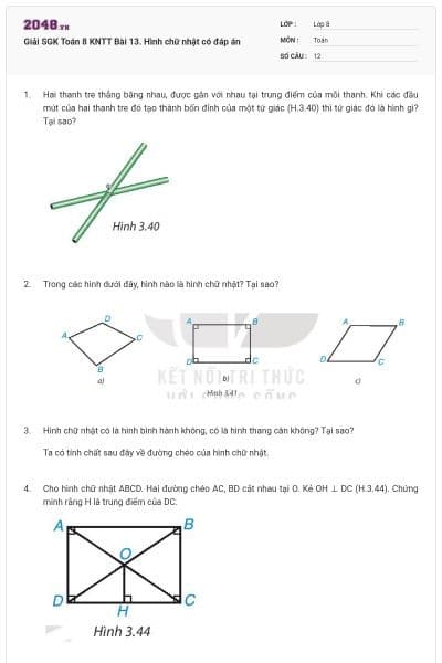 Giải SGK Toán 8 KNTT Bài 13. Hình chữ nhật có đáp án