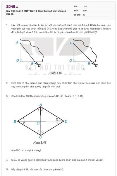 Giải SGK Toán 8 KNTT Bài 14. Hình thoi và hình vuông có đáp án