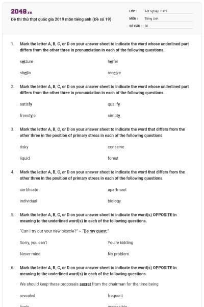 Đề thi thử thpt quốc gia 2019 môn tiếng anh (Đề số 19)