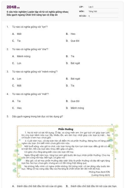 6 câu trắc nghiệm Luyện tập về từ có nghĩa giống nhau; Dấu gạch ngang Chân trời sáng tạo có đáp án
