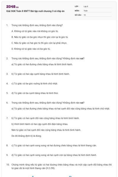 Giải SGK Toán 8 KNTT Bài tập cuối chương 3 có đáp án