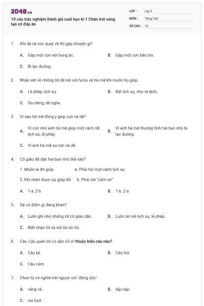 10 câu trắc nghiệm Đánh giá cuối học kì 1 Chân trời sáng tạo có đáp án