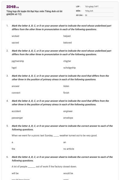 Tổng hợp đề luyện thi Đại Học môn Tiếng Anh có lời giải(Đề số 12)