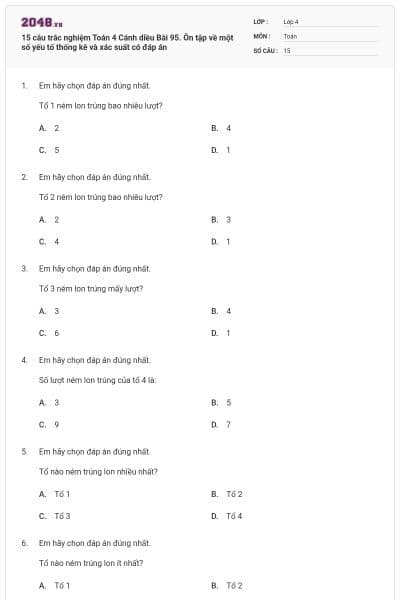 15 câu trắc nghiệm Toán 4 Cánh diều Bài 95. Ôn tập về một số yếu tố thống kê và xác suất có đáp án
