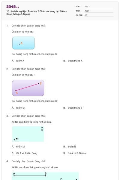 10 câu trắc nghiệm Toán lớp 2 Chân trời sáng tạo Điểm - Đoạn thẳng có đáp án