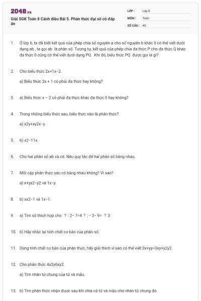 Giải SGK Toán 8 Cánh diều Bài 5. Phân thức đại số có đáp án
