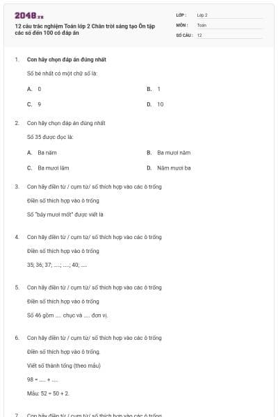 12 câu trắc nghiệm Toán lớp 2 Chân trời sáng tạo Ôn tập các số đến 100 có đáp án