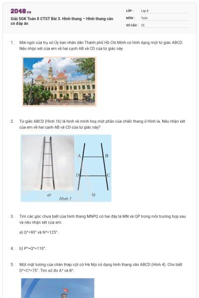 Giải SGK Toán 8 CTST Bài 3. Hình thang – Hình thang cân có đáp án