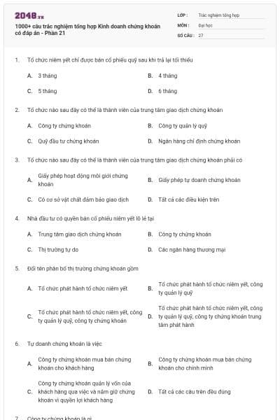 1000+ câu trắc nghiệm tổng hợp Kinh doanh chứng khoán có đáp án - Phần 21