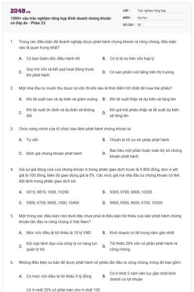 1000+ câu trắc nghiệm tổng hợp Kinh doanh chứng khoán có đáp án - Phần 23