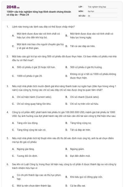 1000+ câu trắc nghiệm tổng hợp Kinh doanh chứng khoán có đáp án - Phần 24